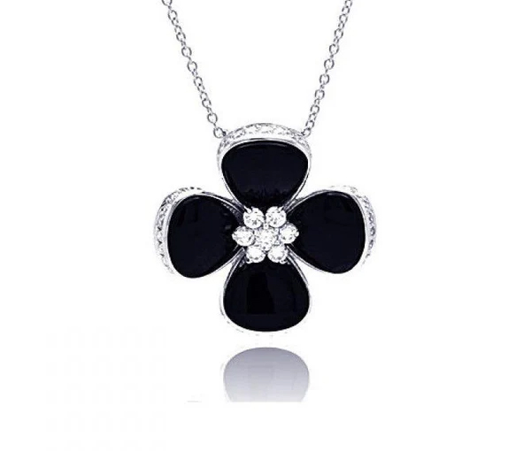 PENDENTIF TRÈFLE EN ARGENT RHODIÉ SERTI D'ONYX ET DE CUBIQUES ZIRCONIAS - SP BGP00301 - BIJOUX D'IMPORTATION