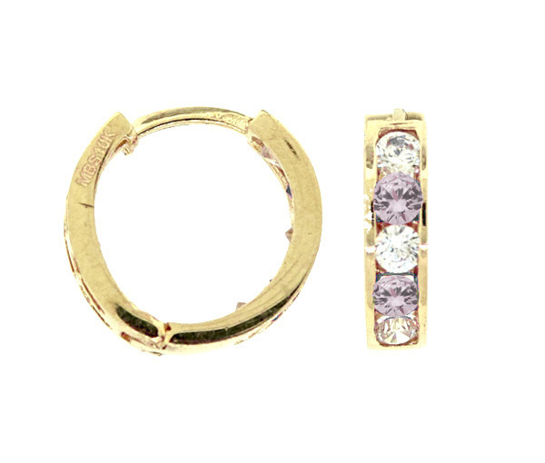BOUCLES HUGGIES EN OR 10K SERTIES DE CUBIQUES ZIRCONIAS LILAS PÂLES ET BLANCS - MB HUGNA0610 - BIJOUX D'IMPORTATION