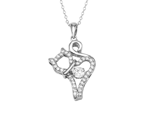 COLLIER CHAT EN ARGENT RHODIÉ SERTI D'UN CUBIQUE ZIRCONIA DANSANT ET DE CUBIQUES ZIRCONIAS - SP STP01687 - BIJOUX D'IMPORTATION