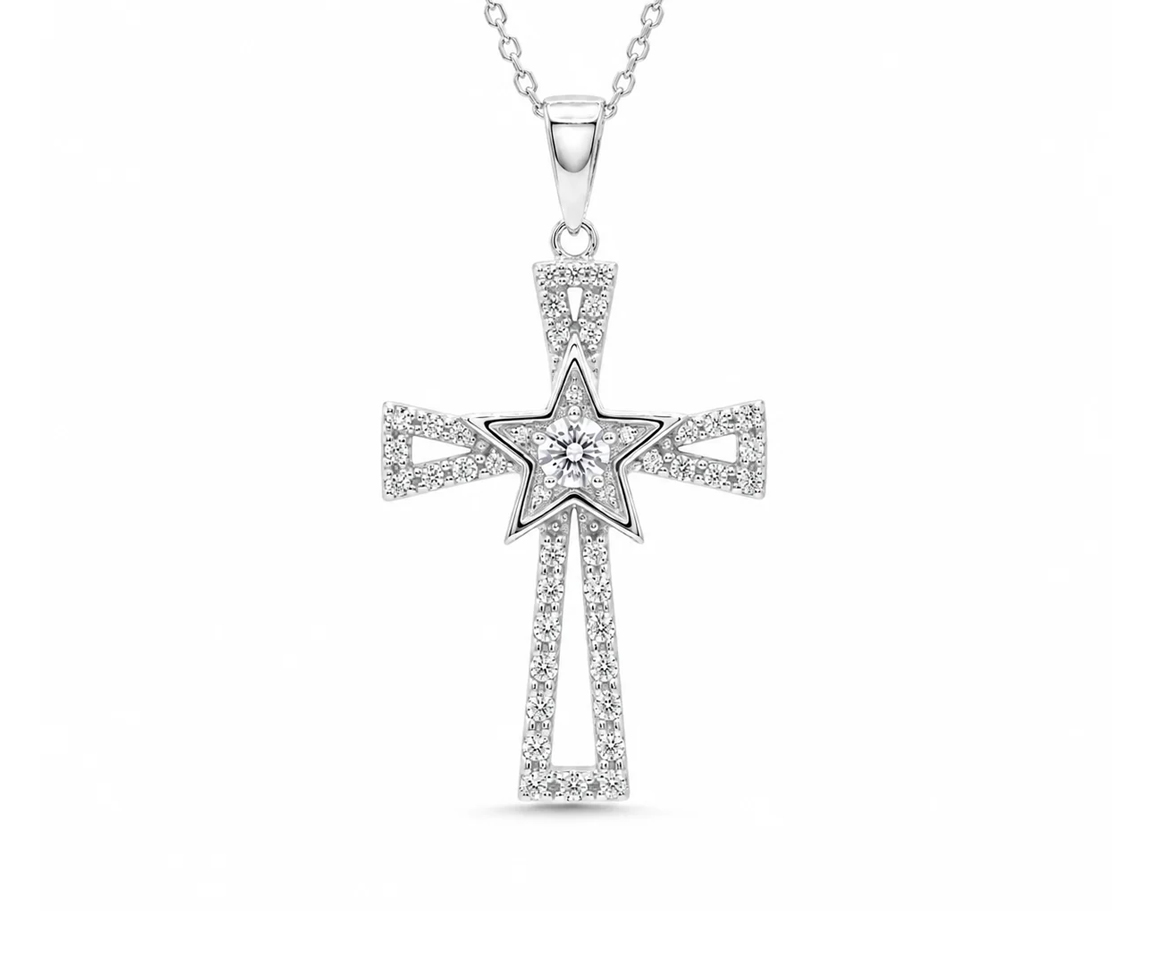 PENDENTIF CROIX/ÉTOILE AVEC CZ - SP BGP00376 - BIJOUX D'IMPORTATION