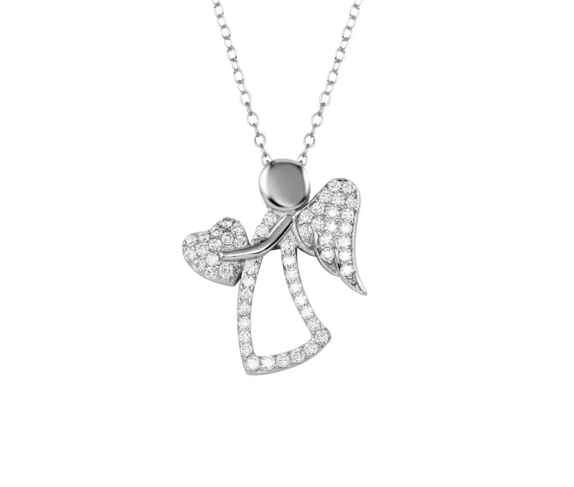PENDENTIF ANGE/COEUR EN ARGENT RHODIÉ SERTI DE CUBIQUES ZIRCONIAS - SP STP01661 - BIJOUX D'IMPORTATION