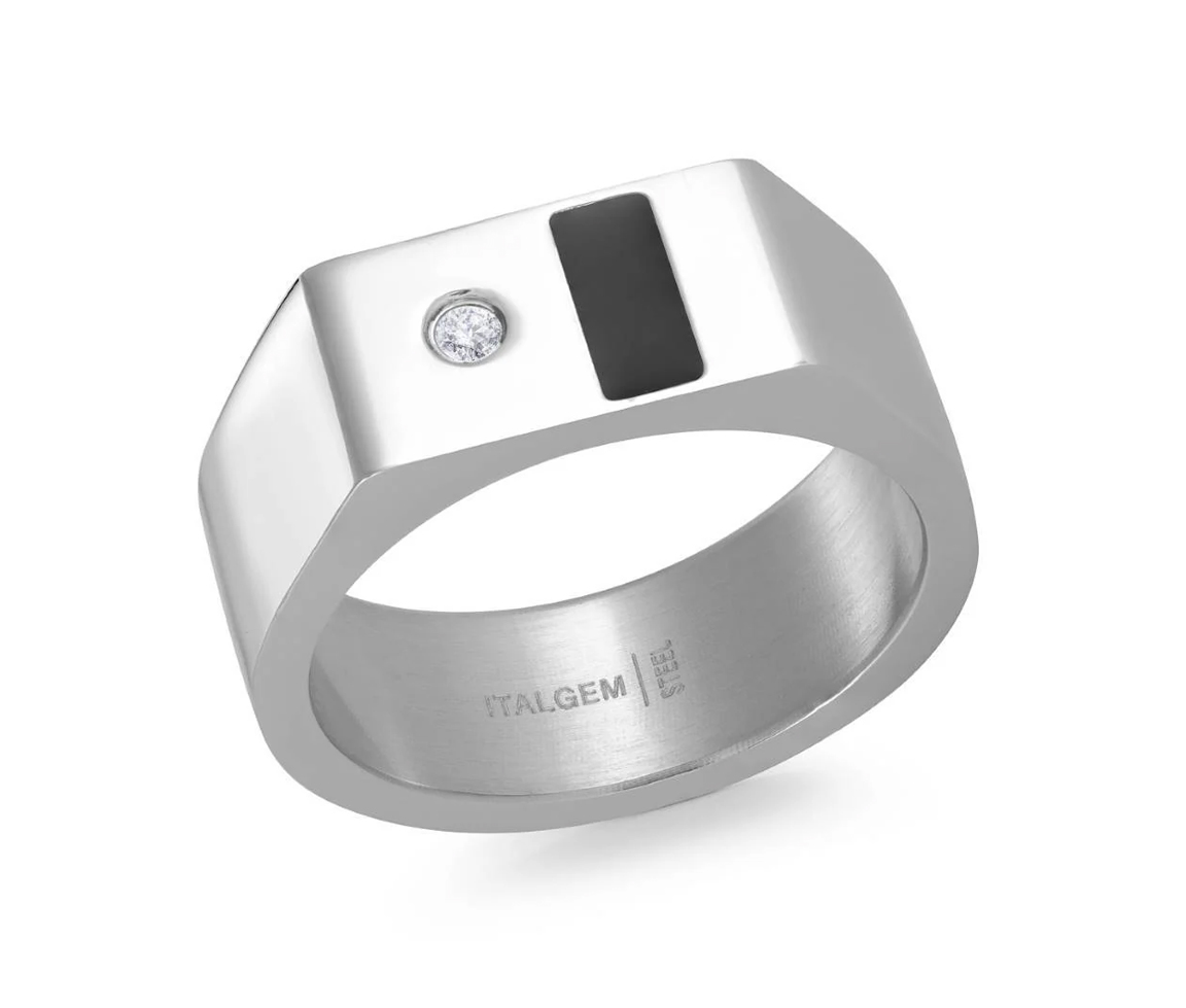 BAGUE CHEVALIÈRE EN ACIER SERTIE D'ONYX ET D'UN CUBIQUE ZIRCONIA - IG RI5030/10 - ITALGEM