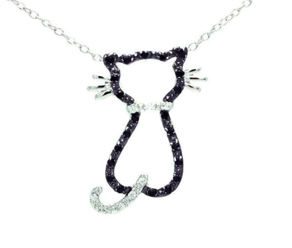 COLLIER CHAT AJOURÉ EN ARGENT RHODIÉ SERTI DE CUBIQUES ZIRCONIAS - SP BGP00678 - BIJOUX D'IMPORTATION