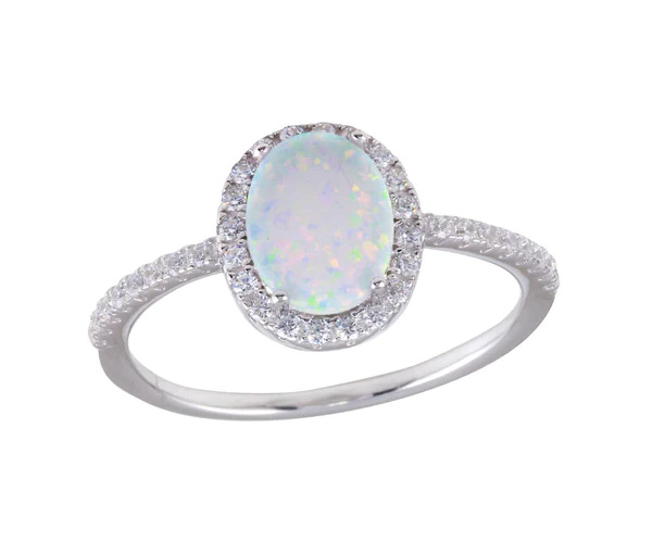 BAGUE EN ARGENT RHODIÉ SERTIE D'UNE OPALE SYNTHÉTIQUE OVALE ET DE CUBIQUES ZIRCONIAS - SP BGR01257/6 - BIJOUX D'IMPORTATION