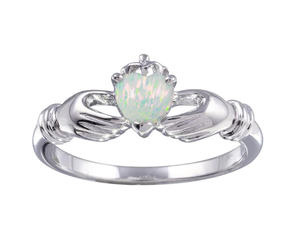 BAGUE CLADDAGH EN ARGENT RHODIÉ SERTIE D'UNE OPALE SYNTHÉTIQUE ET DE CUBIQUES ZIRCONIAS - SP BGR01273/5 - BIJOUX D'IMPORTATION