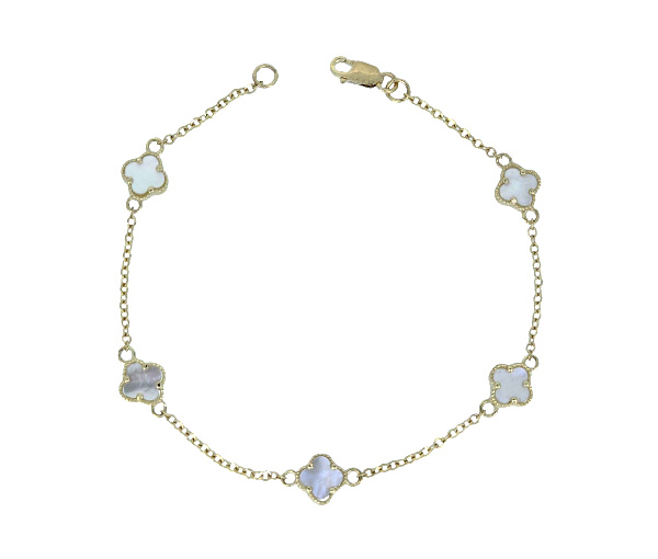 BRACELET EN OR JAUNE AVEC TRÈFLES SERTIS DE NACRE DE PERLE - MB TREBRANA7 - BIJOUX D'IMPORTATION