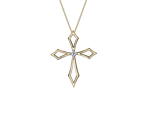 PENDENTIF CROIX AJOURÉE EN OR JAUNE SERTI D'UN DIAMANT CANADIEN - CR AM456 - DIAMANT CANADIEN