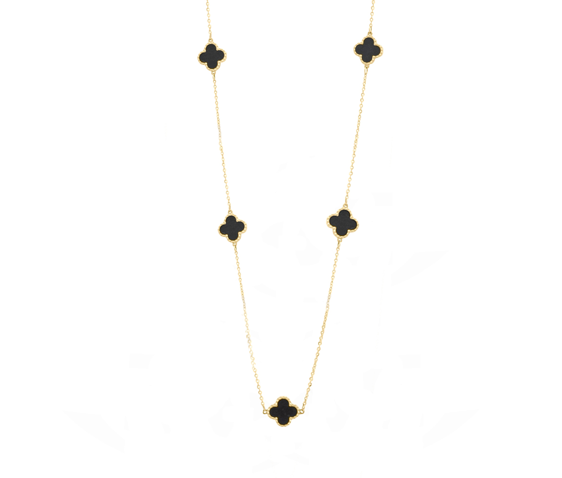 COLLIER EN OR JAUNE AVEC TRÈFLES SERTI D'ONYX - CB FNYV4/200BK - CBE