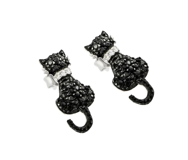 BOUCLES SILHOUETTE DE CHAT EN ARGENT RHODIÉ ET PVD NOIR SERTIES DE CUBIQUES ZIRCONIAS - SP STE00904 - BIJOUX D'IMPORTATION