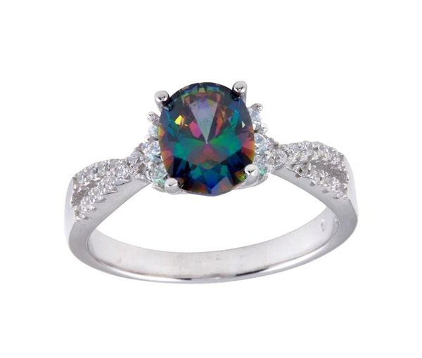 BAGUE EN ARGENT RHODIÉ SERTIE D'UN TOPQAZE MYSTIQUE SYNTHÉTIQUE ET DE CUBIQUES ZIRCONIAS - SP BGR01248/7 - BIJOUX D'IMPORTATION