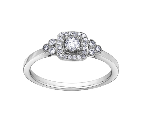 BAGUE EN OR 10K BLANC SERTIE D'UN DIAMANT CANADIEN ET DE DIAMANTS - CR AM399 - DIAMANT CANADIEN