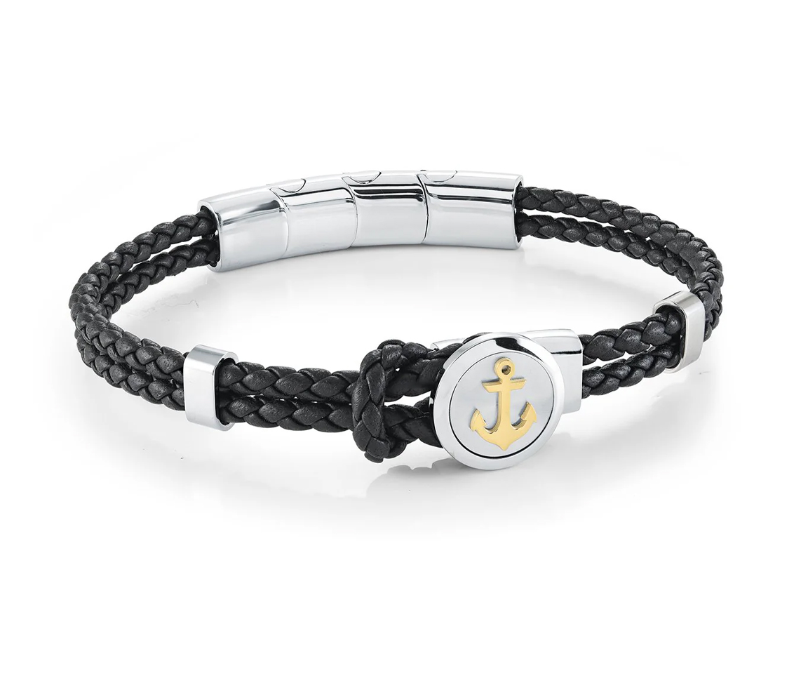 BRACELET EN CUIR TRESSÉ AVEC UN ANCRE EN ACIER/PVD OR 2 TONS - IG SLB674 - ITALGEM