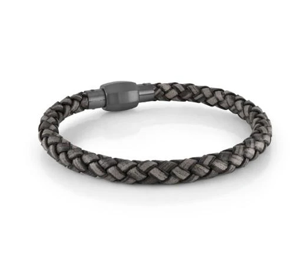 BRACELET EN ACIER/PVD GUNMETAL ET CUIR GRIS TRESSÉ - IG SLB612 - ITALGEM