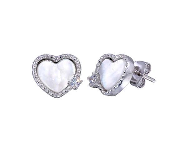 BOUCLES COEUR EN ARGENT RHODIÉ SERTIES DE NACRE DE PERLE ET DE CUBIQUES ZIRCONIAS - SP BGE00677 - BIJOUX D'IMPORTATION