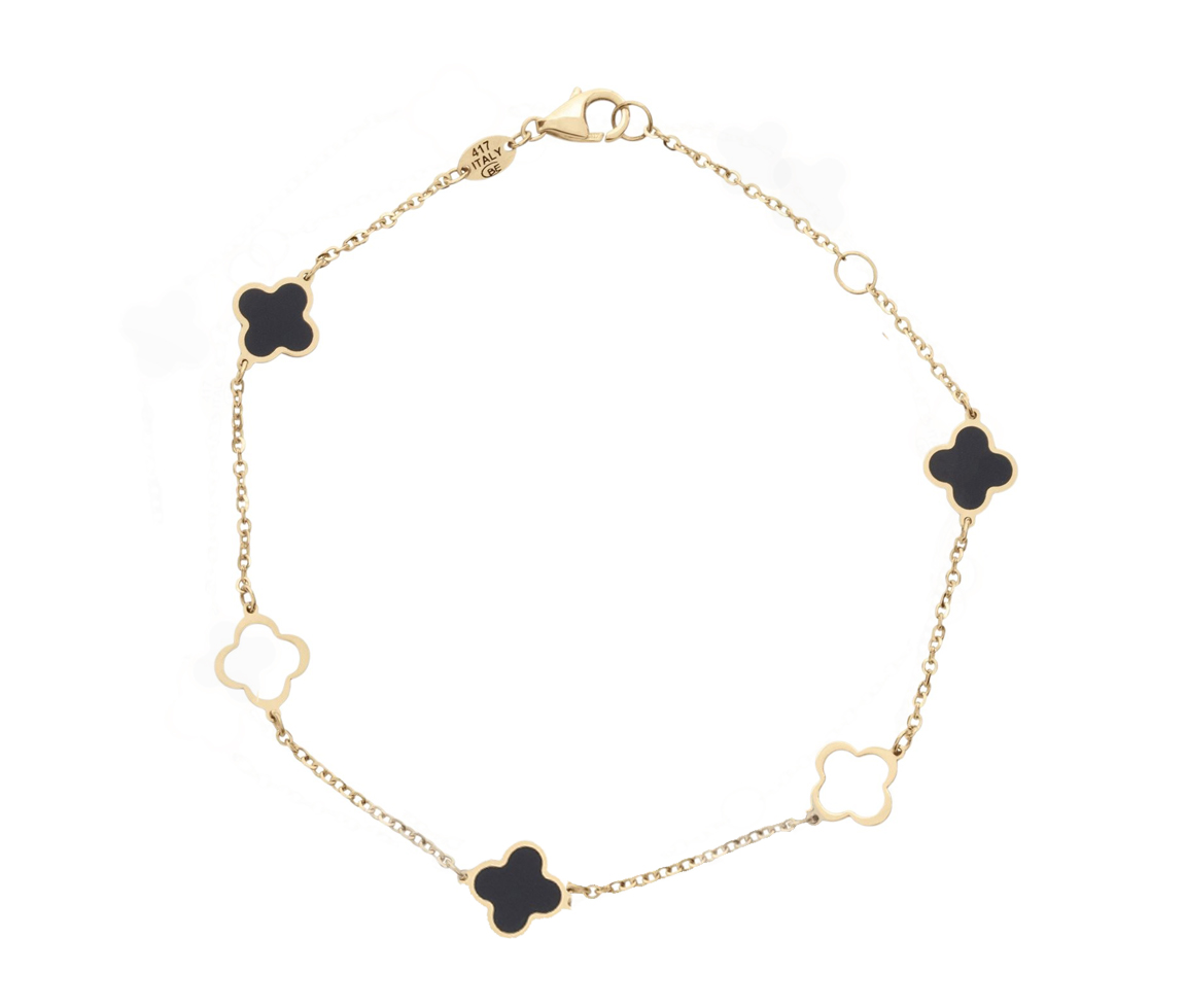 BRACELET EN OR JAUNE À MAILLE ROLO AVEC TRÈFLES AJOURÉS ET SERTIS D'ONYX - CB BY04300/BLK - CBE