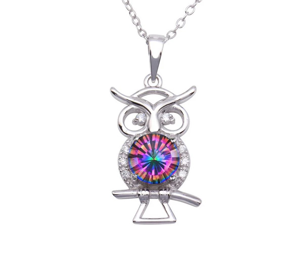 PENDENTIF HIBOU EN ARGENT RHODIÉ SERTI D'UN TOPAZE MYSTIQUE SYNTHÉTIQUE ET DE CUBIQUES ZIRCONIAS - SP BGP01322 - BIJOUX D'IMPORTATION