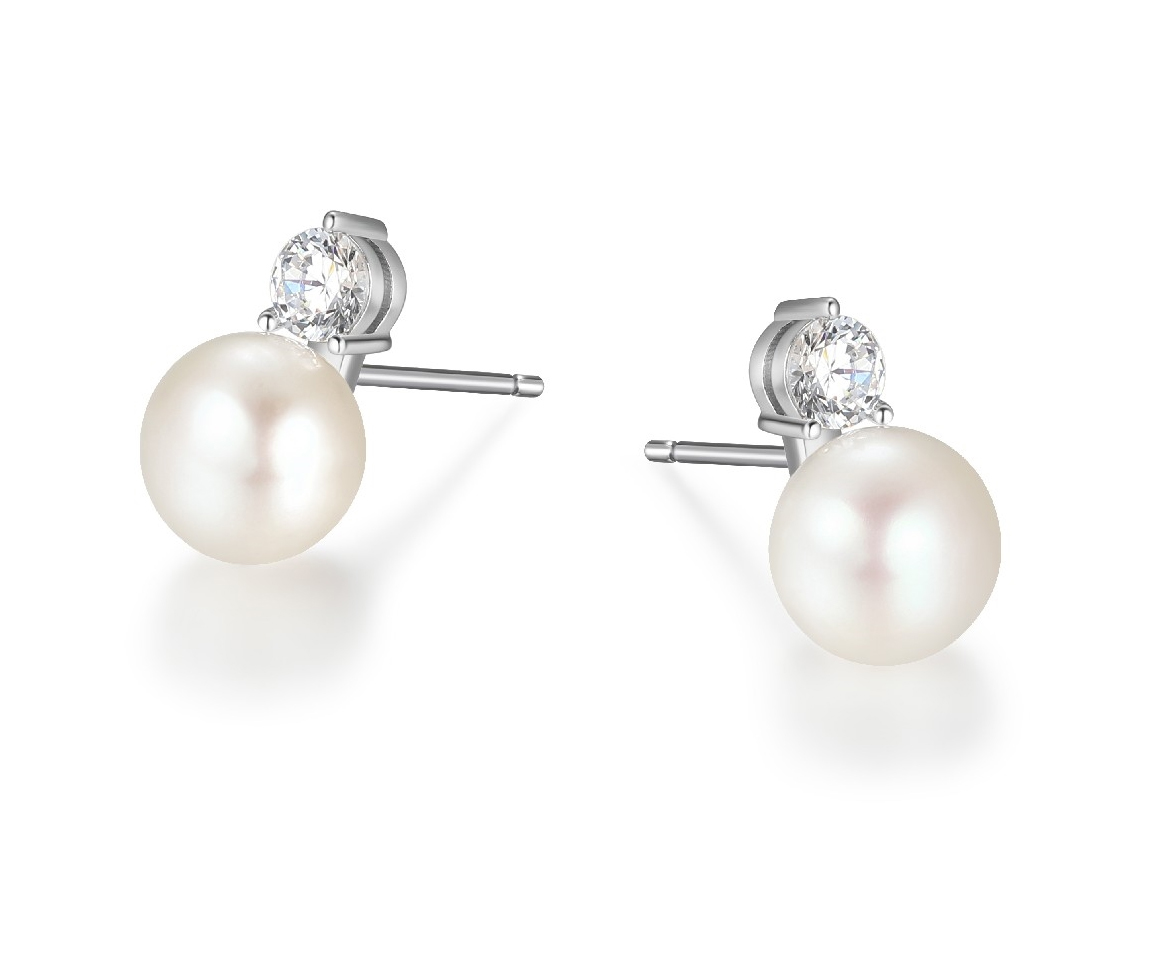 BOUCLES FIXES EN ARGENT RHODIÉ SERTIES DE PERLE DE CULTURE ET DE CUBIQUES ZIRCONIAS - PJ R2LCSA4558 - ELLE