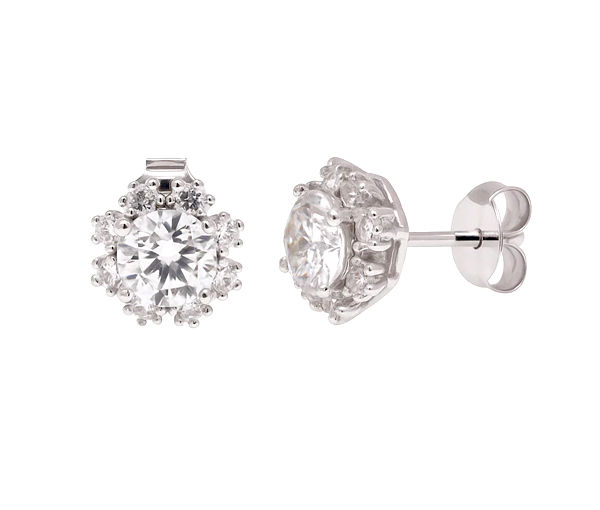 BOUCLES FLEUR EN ARGENT RHODIÉ SERTIES DE MOISSANITES - SP MDGE00017 - BIJOUX D'IMPORTATION