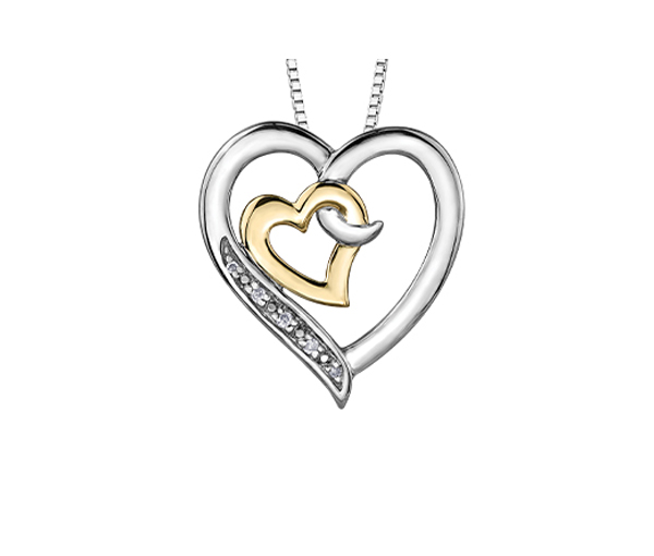 JOLIE PENDENTIF COEUR EN ARGENT RHODIÉ ET OR 10K SERTI DE DIAMANTS - CR DD7354 - BIJOUX CANADIEN