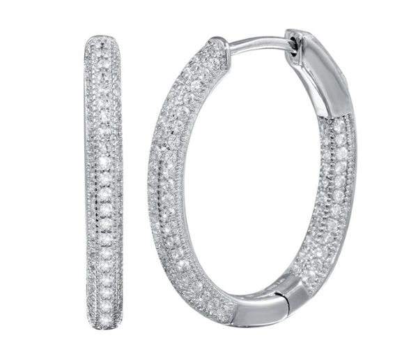 BOUCLES HUGGIES OVALES EN ARGENT RHODIÉ SERTIES DE CUBIQUES ZIRCONIAS - SP STE01240 - BIJOUX D'IMPORTATION