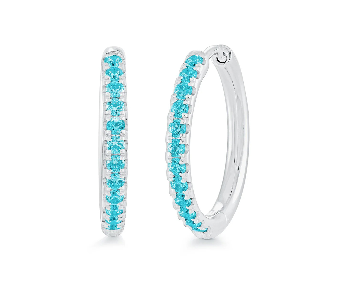 BOUCLES HUGGIES EN ACIER SERTIES DE CUBIQUES ZIRCONIAS BLEUS - IG SEA426 - VELORIA