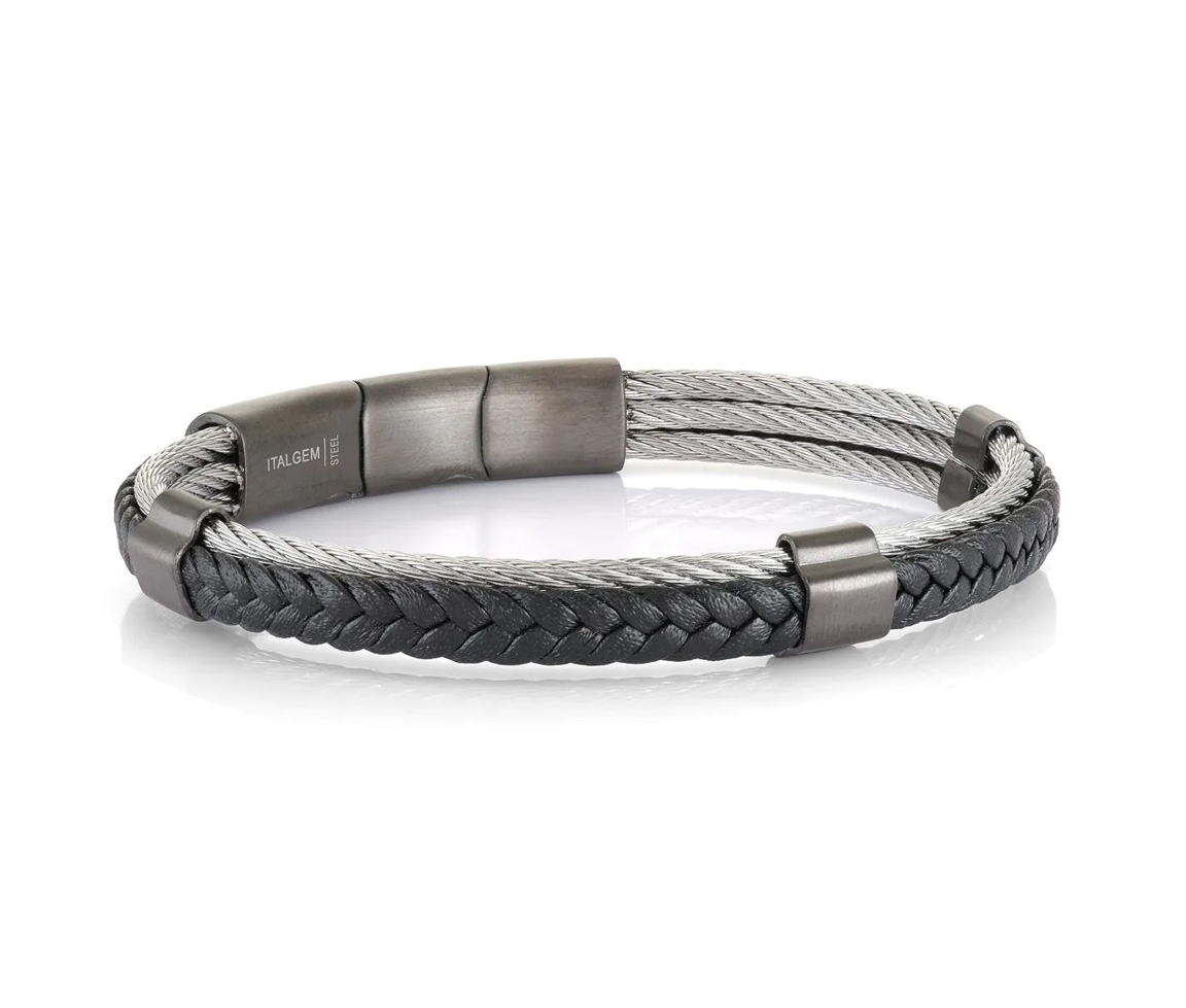 BRACELET EN CUIR TRESSÉ ET ACIER/PVD GUNMETAL - IG SMBG107 - ITALGEM