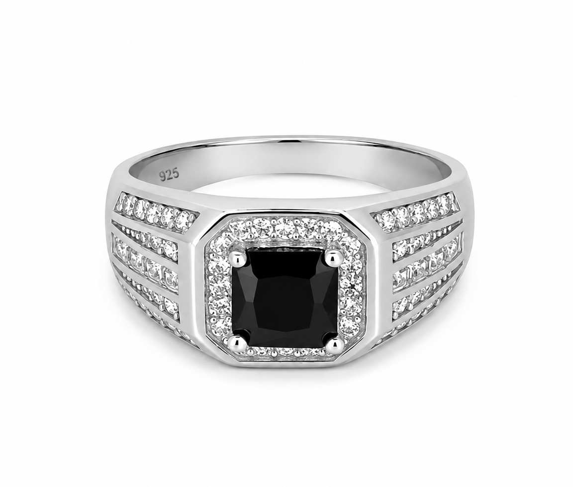 BAGUE CHEVALIÈRE AVEC ONYX ET CZ - SC BHONCZ01 - BIJOUX D'IMPORTATION