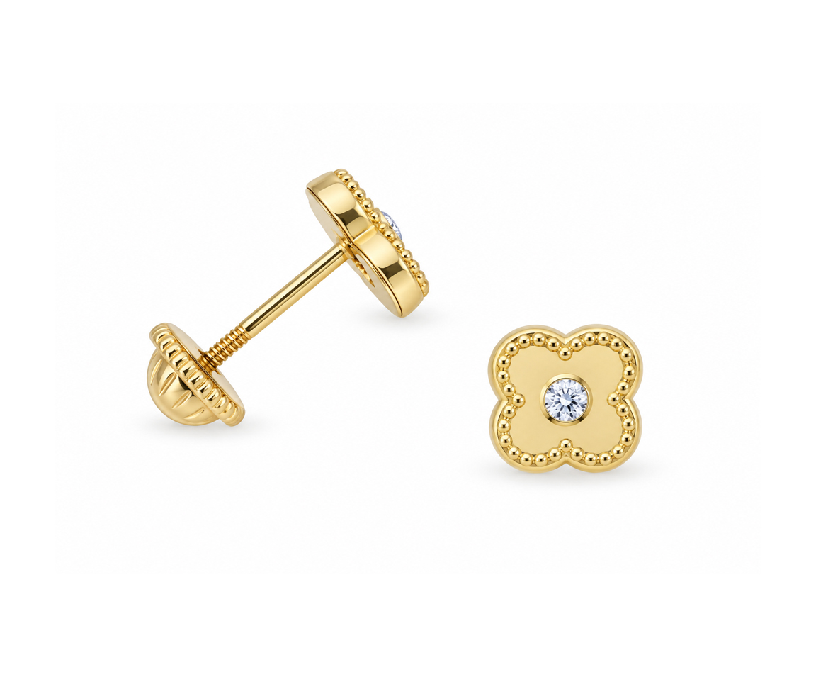 BOUCLES VISSÉES TRÈFLE AVEC CZ - IN 2363 - BIJOUX D'IMPORTATION