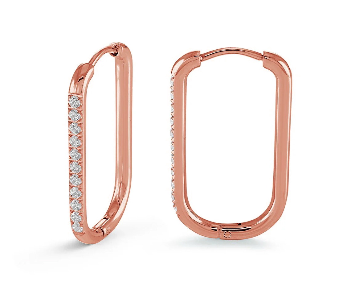 BOUCLE HUGGIES RECTANGULAIRES EN ACIER/PVD OR ROSE SERTIES DE CUBIQUES ZIRCONIAS - IG SEA416 - VELORIA