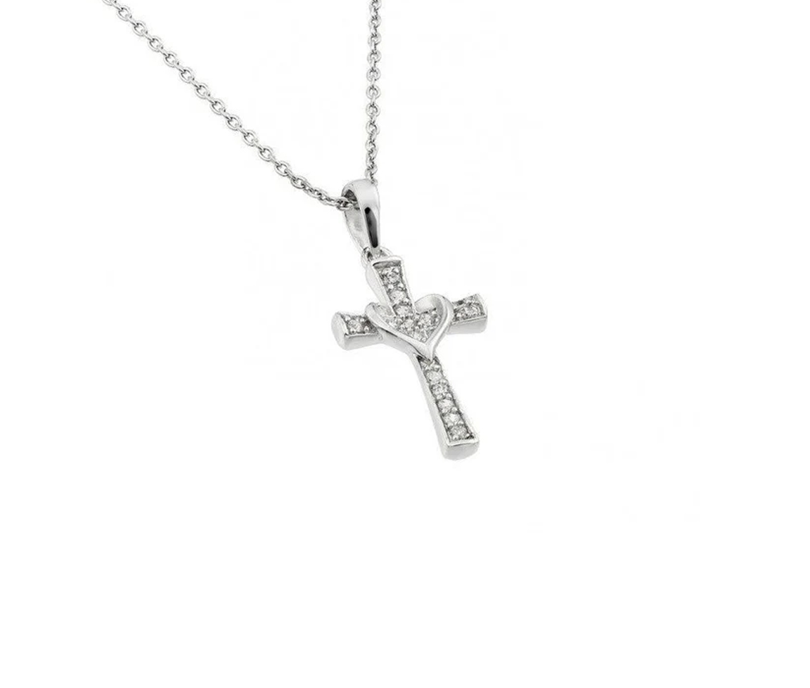 PENDENTIF CROIX/COEUR EN ARGENT RHODIÉ SERTI DE CUBIQUES ZIRCONIAS - SP STP01398 - BIJOUX D'IMPORTATION