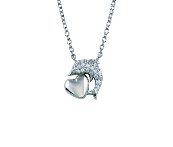 COLLIER DAUPHIN/COEUR EN ARGENT RHODIÉ SERTTI DE CUBIQUES ZIRCONIAS - SP STP01778 - BIJOUX D'IMPORTATION