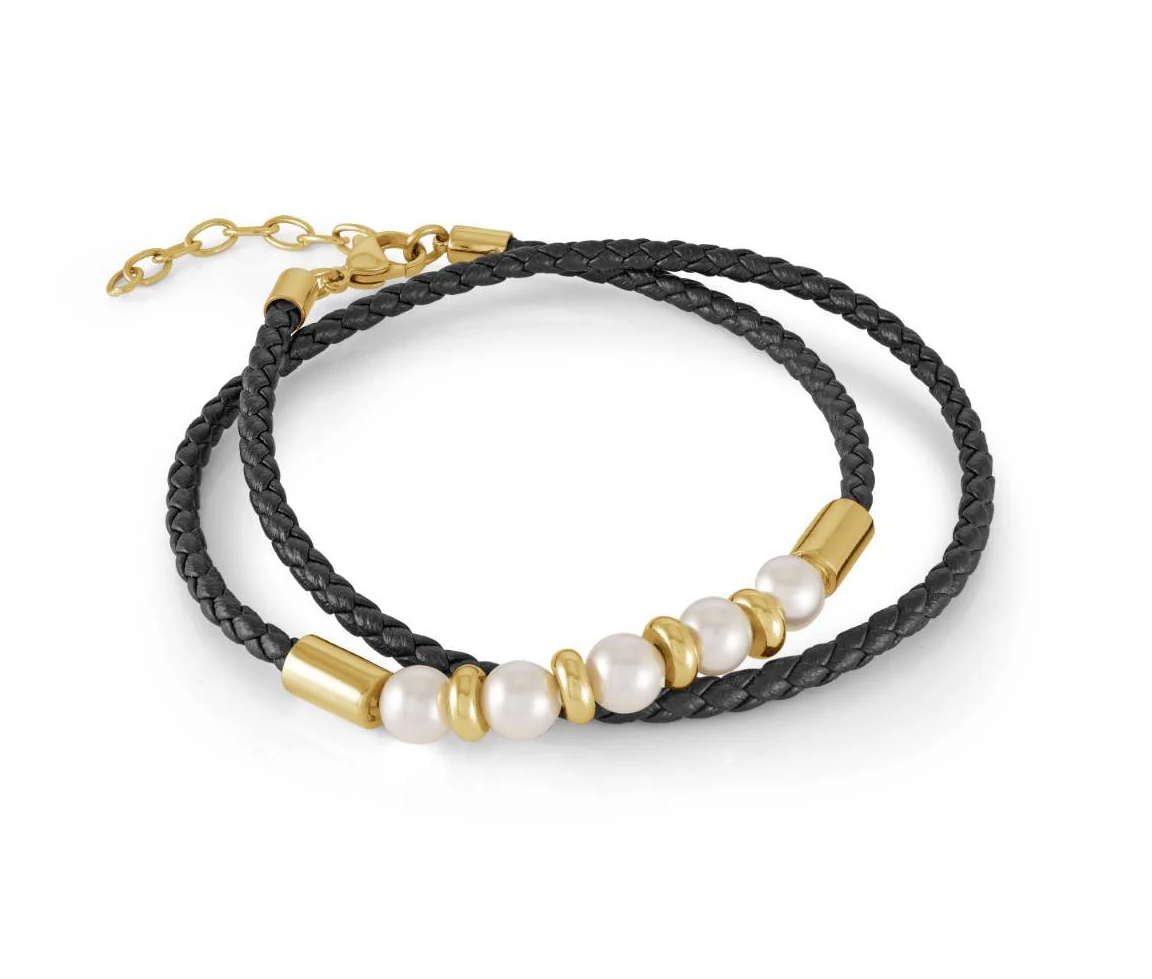 BRACLET DOUBLE EN CUIR ET ACIER/PVD OR SRTI DE PERLE SWAROVSKI - IG SLB616 - ITALGEM