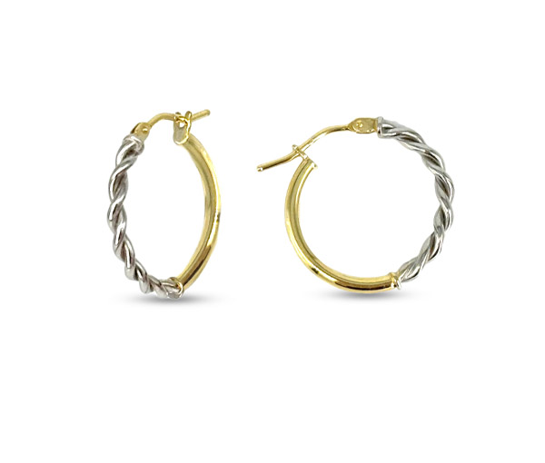 BOUCLES ANNEAUX EN OR JAUNE UNI ET BLANC EFFET TORSADE - SY 1002H - BIJOUX D'IMPORTATION