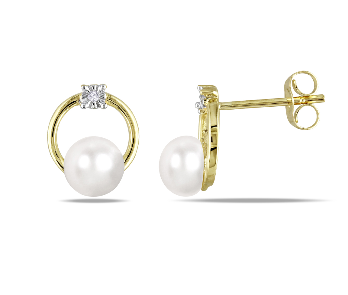 BOUCLES EN OR JAUNE CERCLE AJOURÉ SERTIES DE PERLES D'EAU DOUCES RONDE ET DE DIAMANTS - DM FC0YF9 - PERLE D'IMPORTATION