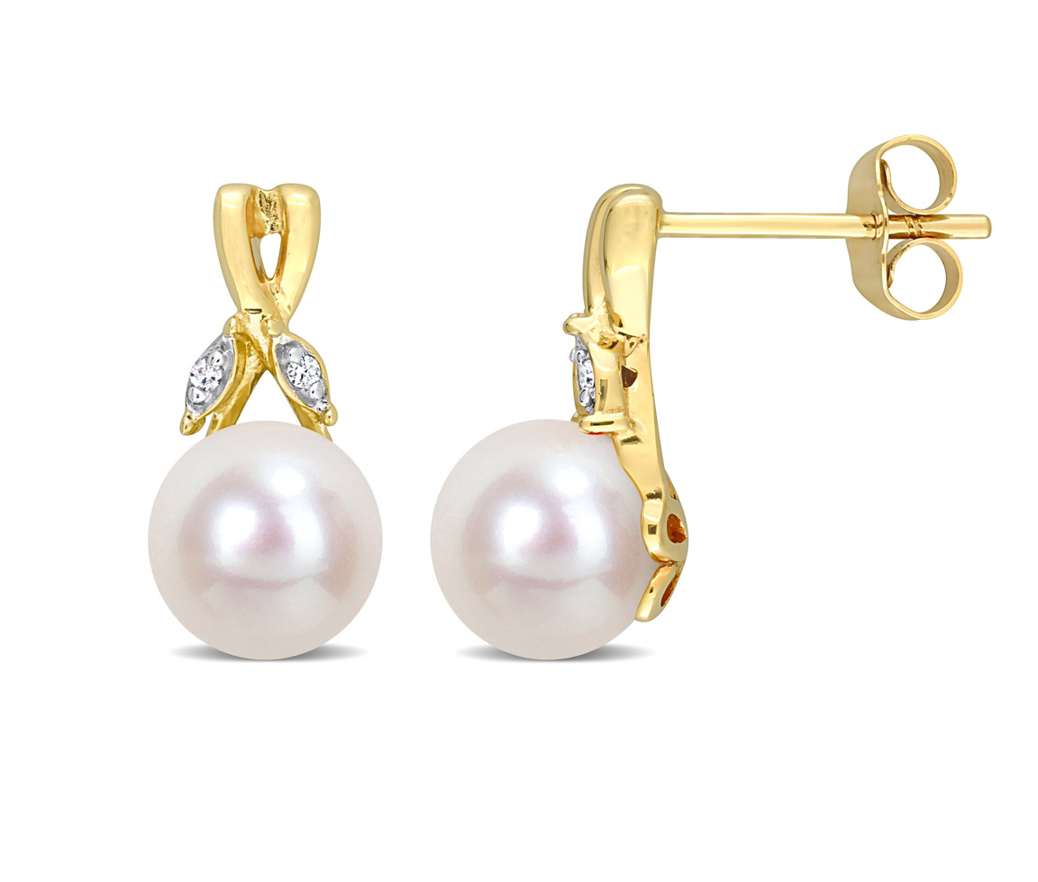 BOUCLES EN OR JAUNE SERTIES DE DIAMANTS ET DE PERLES DE CULTURE - DM FC19M3 - PERLE D'IMPORTATION