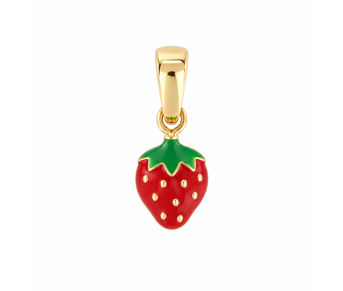 PENDENTIF FRAISE AVEC ÉMAIL ROUGE/VERT - IN 1984P - BIJOUX D'IMPORTATION