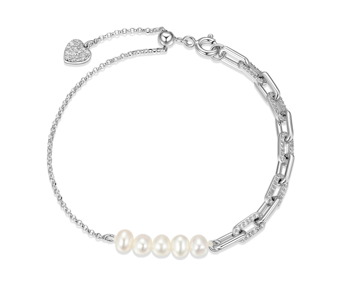 BRACELET EN ARGENT RHODIÉ ROLO/PAPERCLIP SERTI DE PERLE D'EAU DOUCE ET DE CZ - PJ R1AAM8971N - REIGN