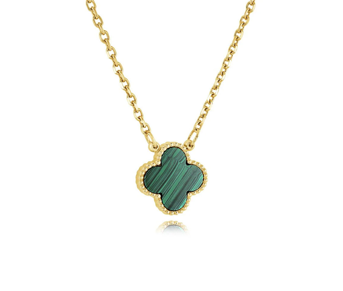COLLIER TRÈFLE EN ACIER/PVD OR SERTI DE MALACHITE - IG SWP56 - VELORIA