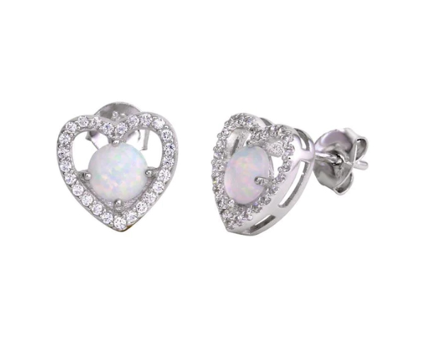BOUCLES COEUR EN ARGENT RHODIÉ SERTIES D'OPALES SYNTHÉTIQUES ET DE CUBIQUES ZIRCONIAS - SP BGE00588 - BIJOUX D'IMPORTATION