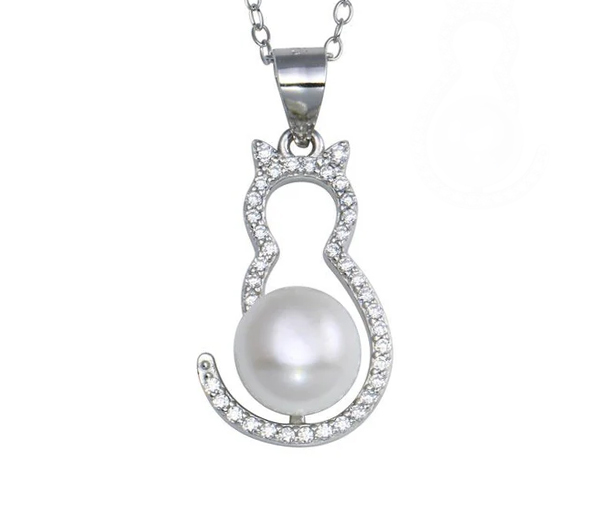 PENDENTIF CHAT AJOURÉ EN ARGENT RHODIÉ SERTIES DE PERLES SYNTHÉTIQUES ET DE CUBIQUES ZIRCONIAS - SP STS00536P - BIJOUX D'IMPORTATION