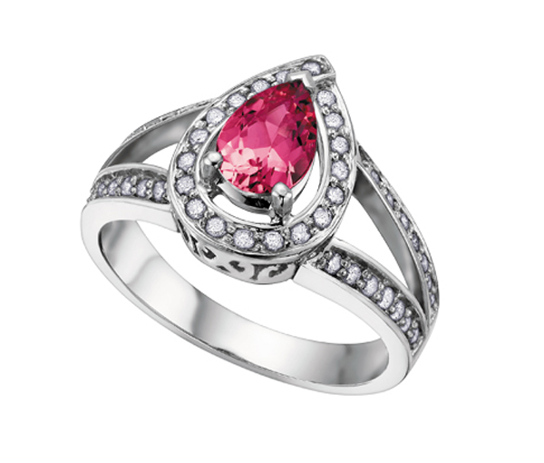 BAGUE EN OR BLANC SERTIE D'UNE TOURMALINE ROSE ET DE DIAMANTS - CR DD1958 - BIJOUX CANADIEN