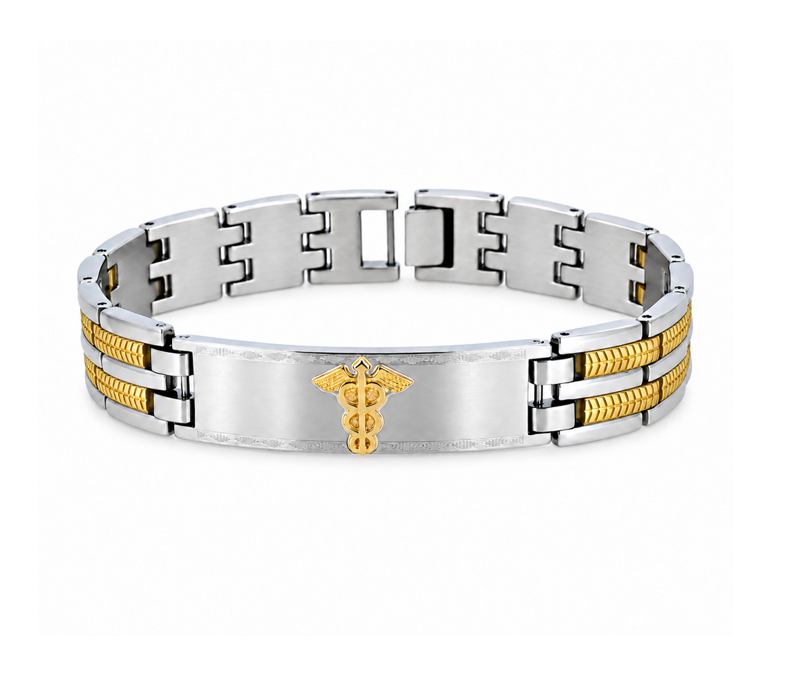 BRACELET MÉDICAL EN ACIER/PVD OR ET OR JAUNE - WB BMD470 - MEDICO BELLO