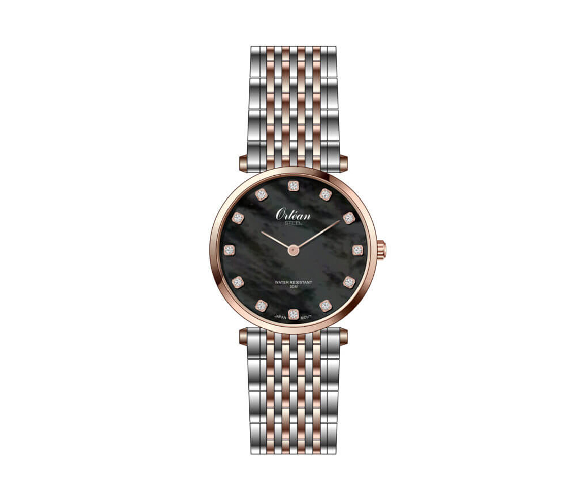 JOLIE MONTRE POUR DAME ORLEAN EN ACIER/PVD OR ROSE SERTIE DE CUBIQUES ZIRCONIAS - BA ME3362 - ORLEAN
