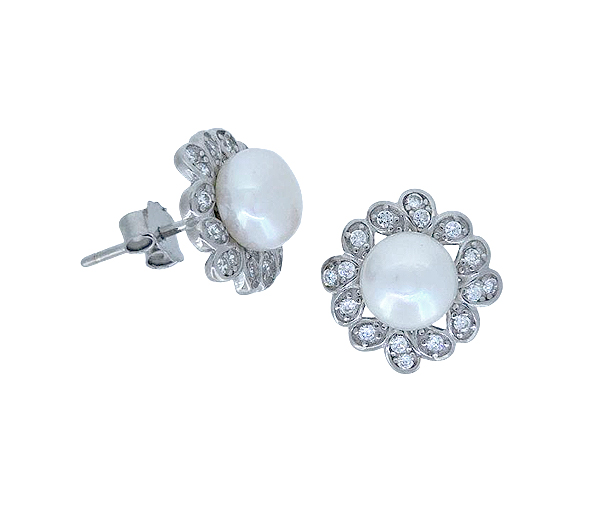 BOUCLES FIXES EN ARGENT SERTIES DE PERLES SYNTHÉTIQUE ET DE CUBIQUES ZIRCONIAS - MB BOU137 - BIJOUX D'IMPORTATION