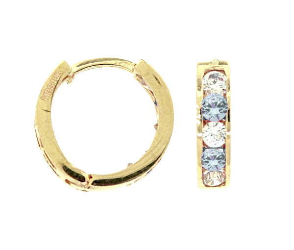 BOUCLES HUGGIES EN OR 10K SERTIES DE CUBIQUES ZIRCONIAS BLEUS PÂLES ET BLANCS - MB HUGNA0310 - BIJOUX D'IMPORTATION