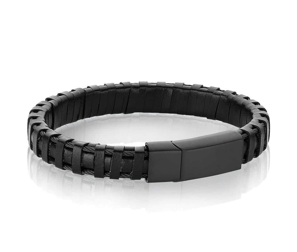bracelet acier/pvd noir cuir noir tresse
