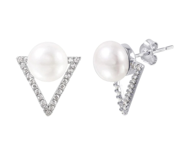 BOUCLES TRIANGLE EN ARGENT RHODIÉ SERTIES D'UNE PERLE SYNTHÉTIQUE ET DE CUBIQUES ZIRCONIAS - SP STE01006 - BIJOUX D'IMPORTATION