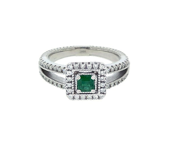 BAGUE EN OR BLANC SERTIE D'UNE ÉMERAUDE ET DE DIAMANTS - SJ MK45EM - FAIT AU CANADA