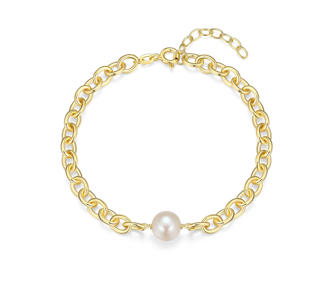 BRACELET EN ARGENT/PVD OR CHAINETTE OVAL SERTI D'UNE PERLE D'EAU DOUCE - PJ 31AB88451Q - REIGN