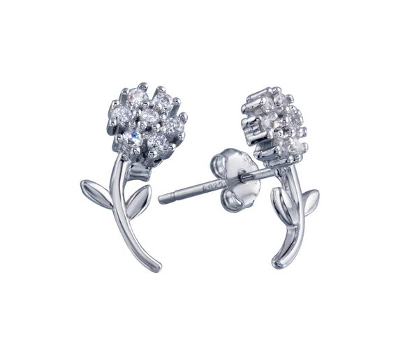 boucles fleur en argent rhodié serties de cubiques zirconias - SP BGE00680 - BIJOUX D'IMPORTATION